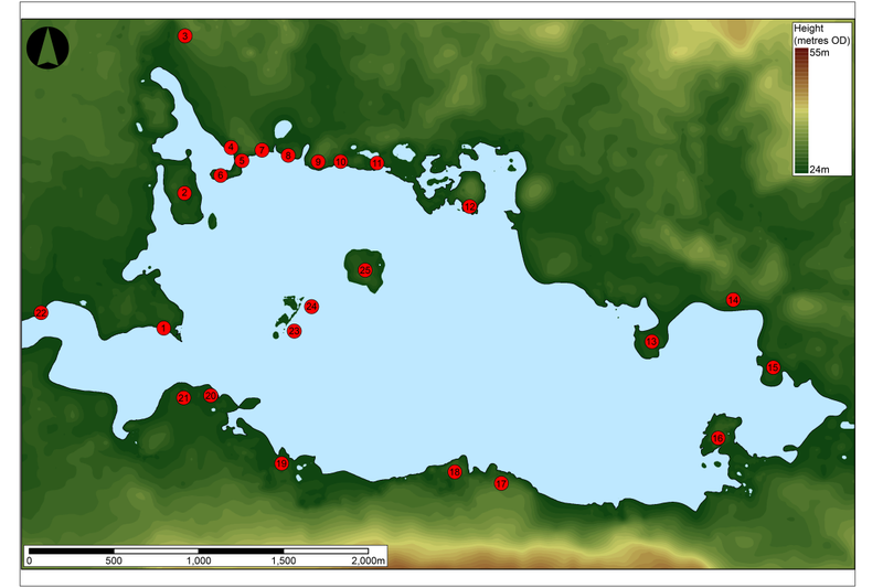 Map of the Star Carr lake with excavation sites marked around it.